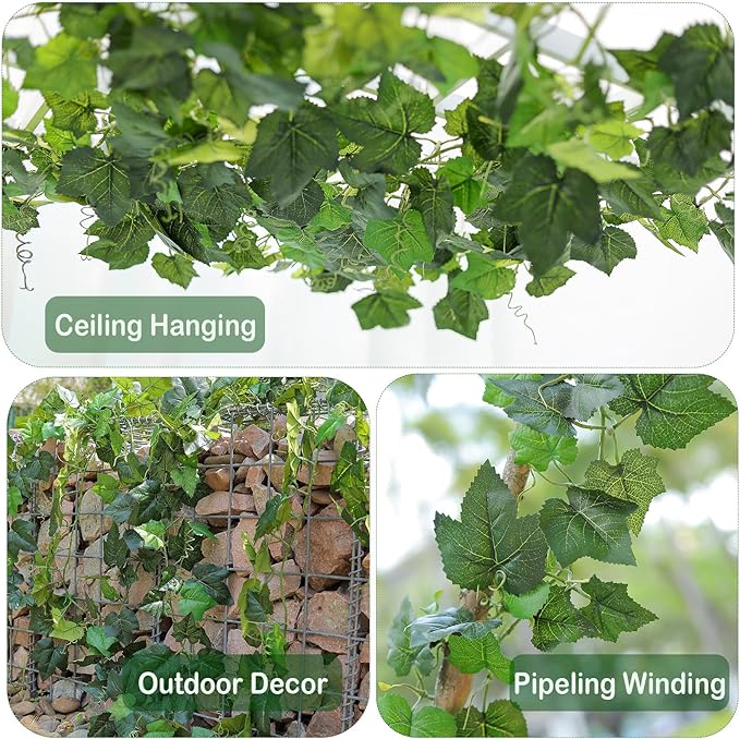 2Pack 14Ft Flame Retardant Artificial Grape Leaves Flexible Fake Green Plants Vines Ivy Garland Wreath Silk Hanging Rattan Bedroom Wedding Party Garden Wall Table Front Door Ceiling Decor (Grape)