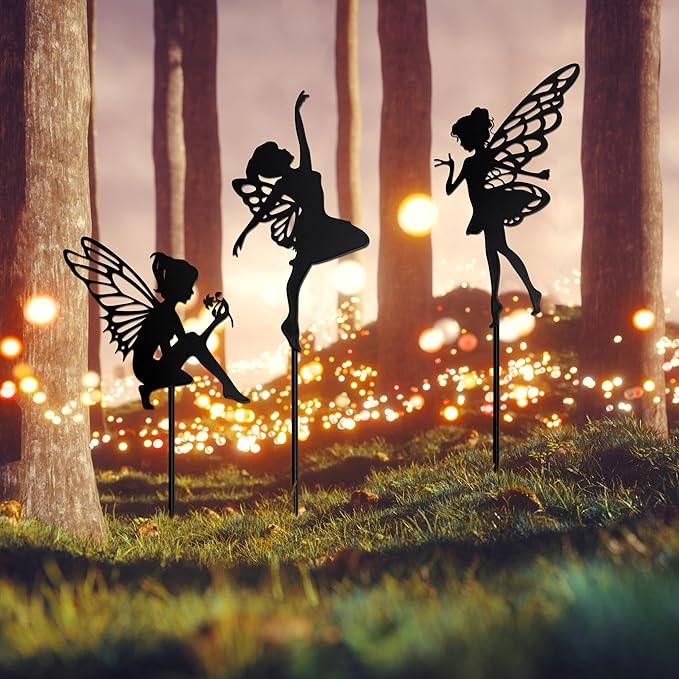 Garden Fairy Metal Stake 3-Piece Gift Set - Outdoor Decorative Accents for Yard, Flower Bed, Lawn, and Patio Gardens