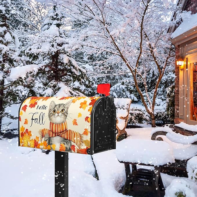 Hello Fall Mailbox Cover Cat Mail Box Covers Magnetic Standard Size 21x18 inch Maple Leaf Mailbox Wrap for Outside Garden Yard