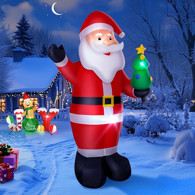 8FT Christmas Inflatable Santa Claus Outdoor Decorations, Inflatable Santa with Xmas Tree Built-in LED Lights, Blow Up Yard Decorations for Holiday Xmas Party Indoor Garden Lawn