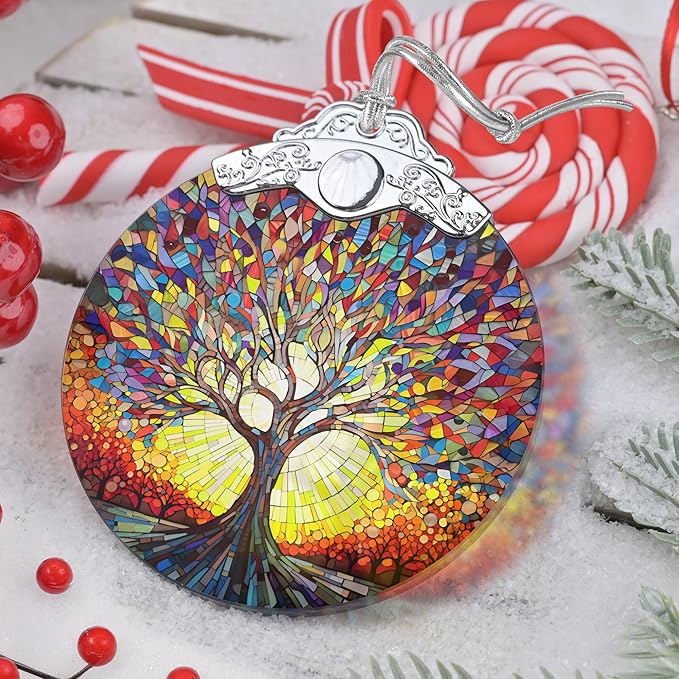 Tree of Life Decor - Stained Glass Christmas Ornament - Hanging Decoration for Tree - Gifts for Friends, Family