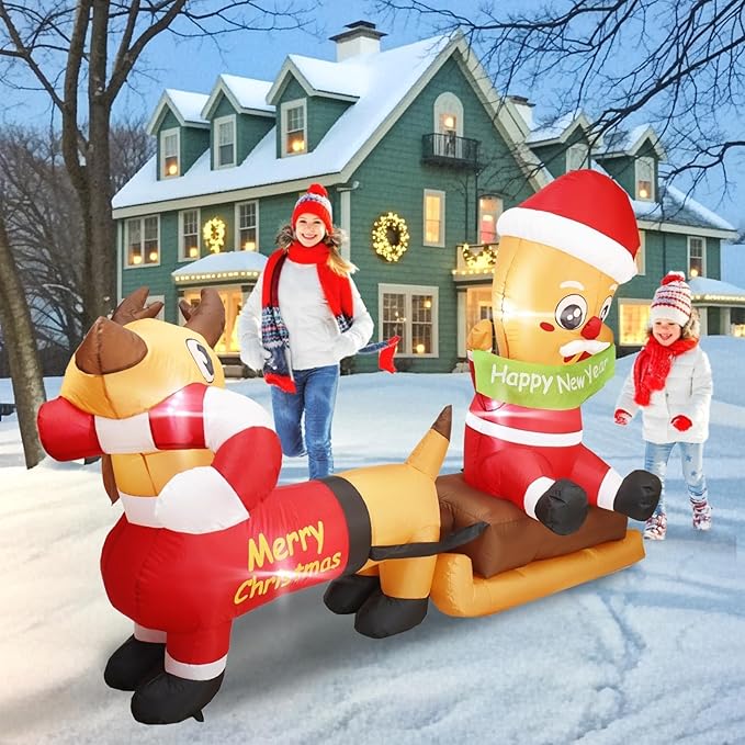 7FT L Animated Christmas Inflatable Santa on Sleigh with Dachshund, Lovely Christmas Blow up Dog Sledding with Build-in LED Lights Indoor Outdoor Party Decoration