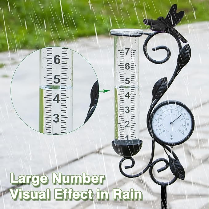 Dragonfly Rain Gauge Garden Decor, 32" Thermometer Patio Decor, 7" Capacity Rain Gauge Replacement Tube Glass, Outdoor Temperature Patio Decor