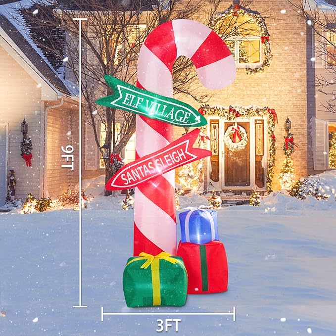 MUMTOP 9 Ft Tall Christmas Inflatables Outdoor Decorations, Inflatables Candy Cane with Road Sign Blow up Merry Christmas Bag Yard Decoration Built-in LED Lights for Outdoor Party Holiday Decor