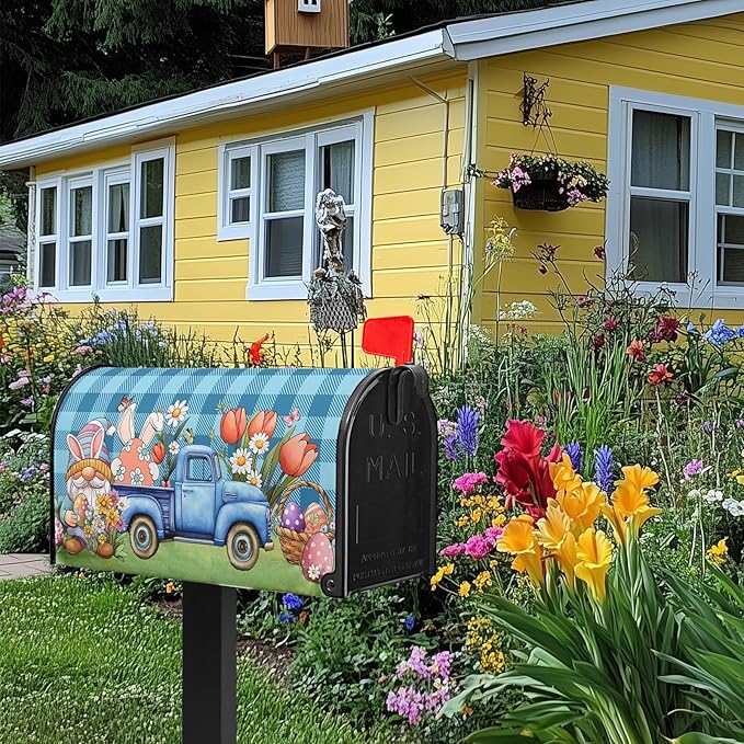 Easter Mailbox Covers Magnetic Gnome Mailbox Cover Standard Size 21x18 in Spring Colorful Flowers Decorations for Outside Garden Waterproof Oxford Blue Buffalo Plaid