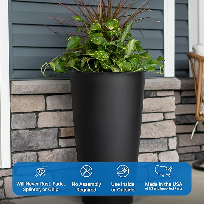 Step2 Tremont Tall Round Tapered Planter, Large Planters for Outdoor Plants, Gardening and Flower Pot for Patio or Porch, Efficient Drainage, Durable Plastic, Onyx Black, 2-Pack
