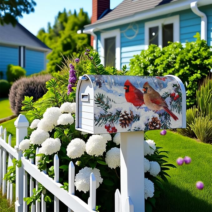 Winter Christmas Cardinal Mailbox Covers Magnetic Standard Size Pinecone Holly Twig Bird Snow Scene Holiday Outdoor Decorative Seasonal Letter Box Cases for Home Garden Outside Decor, 21x18 Inch