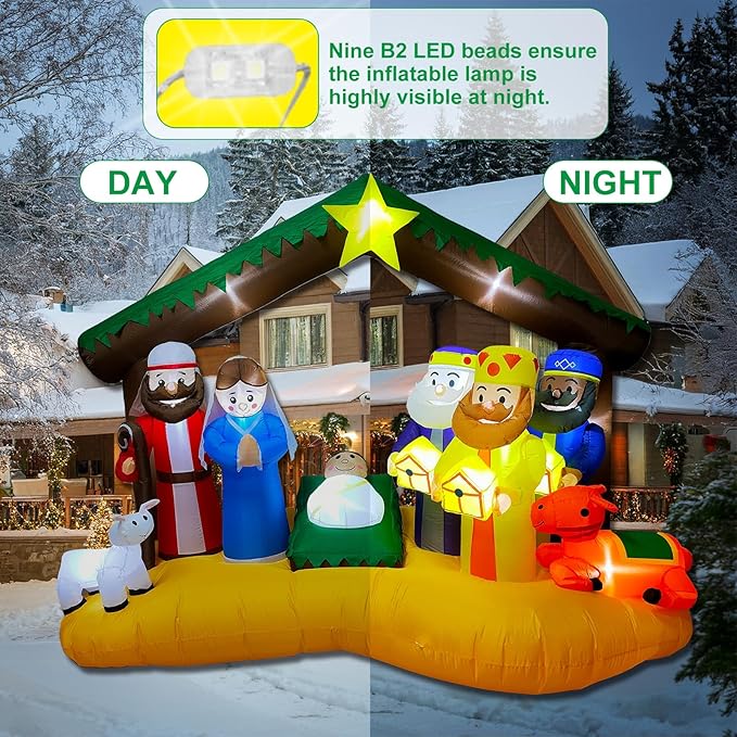 8.8 FT Christmas Inflatables Nativity of Jesus Blow Up Yard Decorations with LED Lights Religious Blow Up Yard Decor for Outdoor Xmas, Holiday Party, Patio & Lawn Decorations