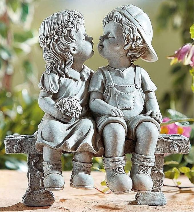 Elenon Boy and Girl Garden Statue Decor, Couple First Kiss Garden DecorativeSculpture for Yard Patio Art Flower Bed Decoration, 8 1/4" L x 4 3/4" W x 9" H