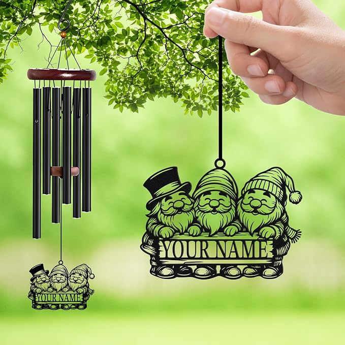 Personalized Customize Name Gnome Wind Chime, Metal Iron 37 Inch Outdoor Memorial Gift for Garden Yard Patio Home Decor, Black，Christmas (Style J)