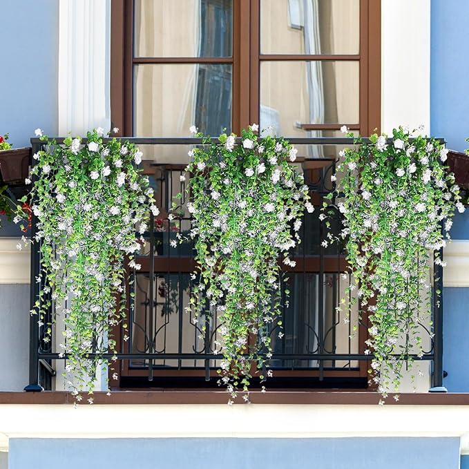 Artificial Hanging Flowers, 3 Pcs Fake Hanging Plants Artificial Vines for Outdoors, Fake Ivy Vine UV Resistant No Fade Faux Plants for Indoor Outside Garden Patio Yard Greenery Decoration (White)