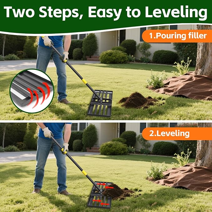 Lawn Leveling Rake 30”x10” Large Heavy Duty Metal Lawn Leveler with Long Adjustable Handle Proffesional Yard Leveling Rake for Soil Dirt Sand Compost Efficient Lawn Leveling Tool (6FT)