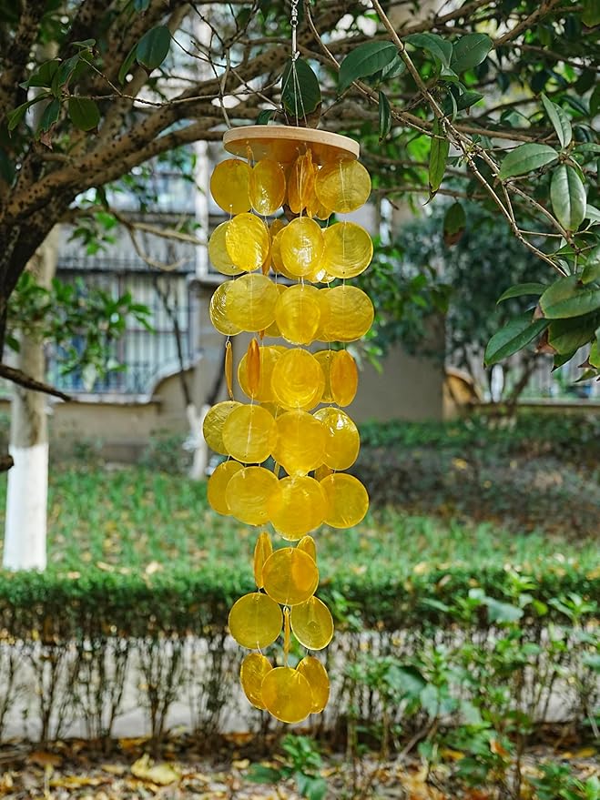 Capiz Shell Wind Chime for Outside 28” Sea Glass Wind Chime Ocean/Beach Themed Chime Gift for Women Mother’s Day Decoration Orange