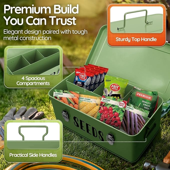 Flexzion Seed Saving Box - Metal Seed Storage Organizer Box with Lid, 4 Spacious Compartments Storage Bin for Garden Tools & More with Safety Locks, Green