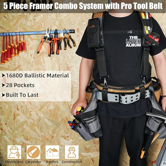 MELOTOUGH 28-Pocket Pro Framer's rig Combo Apron Tool Belt and Heavy Duty Padded Suspenders with Magnetic Desinger for Technician/Carpenter/and Electrician's Tools (Khaki)