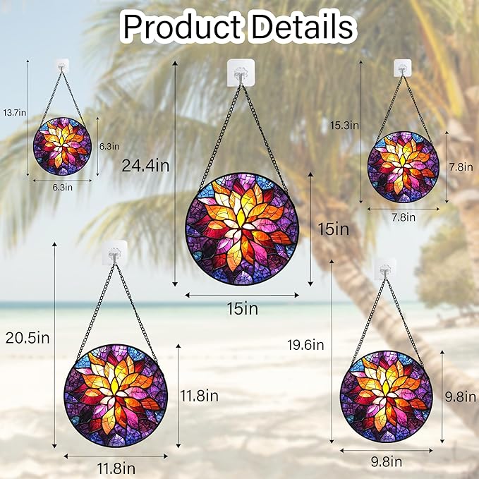 Stained Glass Window Hanging, Fuchsia Abstract Flowers Suncatcher for Window Home Decor Orange Sun Catcher Mother's Day Birthday Gifts for Women Men Mom Nana 15 in