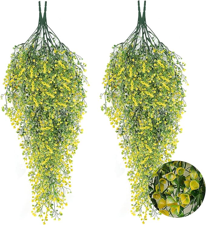 RECUTMS 4 pcs Artificial Hanging Plants Fake Hanging Plants Hanging Flowers Artificial Decor Fake Vines with Fake Flowers Indoor and Outdoor Decoration（Yellow）