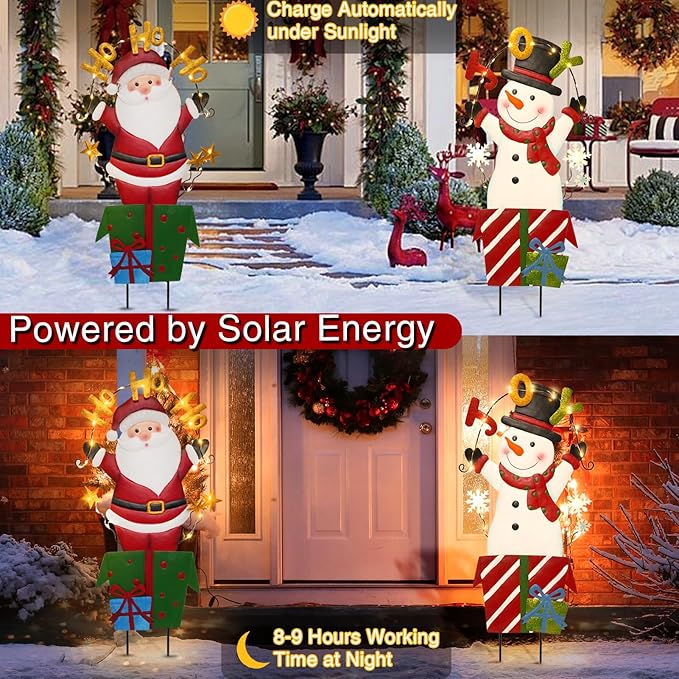 Christmas Outdoor Yard Signs Decorations, LED Solar Metal Garden Stake Lights with Joy for Patio Lawn Christmas Decor (Snowman&Santa Claus)