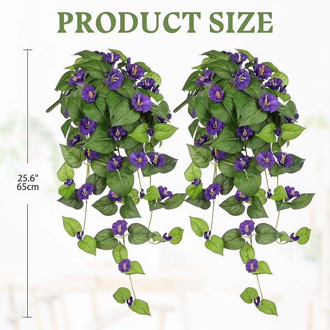 Briful Artificial Hanging Flowers 2 Pack 25.6" Fake Morning Glory Silk Floral Bush Faux Hanging Plants Outdoor Fake Flowers for Home Porch Garden Balcony Decoration(Purple)