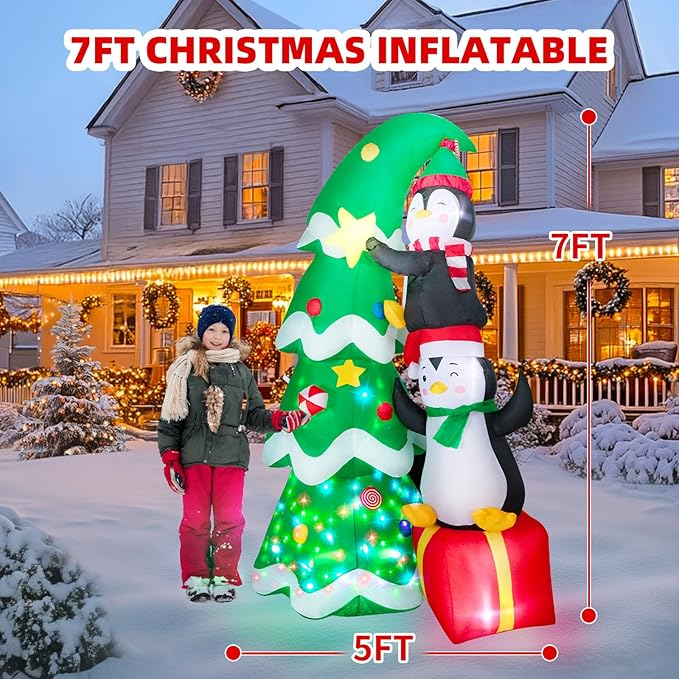 Christmas Inflatables Outdoor Decorations, with Rotating Colored Light+LED Lights, Large Blow Up Yard Decor,Christmas Party Outdoor, Yard, Garden, Lawn Winter (7 FT Penguins Climbing Tree)