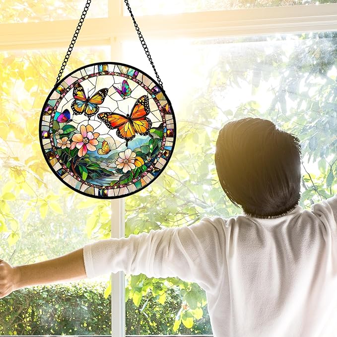 Stained Glass Window Hanging, Butterflies Flying in The Sky Suncatcher for Doors Home Sun Catchers Decoration and Christmas, Mother's Day Birthday Gifts for Women, Men, and Mom 9.8 in