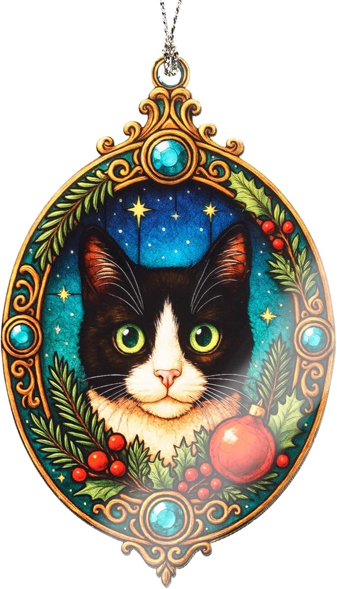 Cat Ornament – Tuxedo Cat Decor – Pet Lover Ornament – Holiday Tree Decoration – Suncatcher Effect Stained Glass Window Hanging – Car Hanging