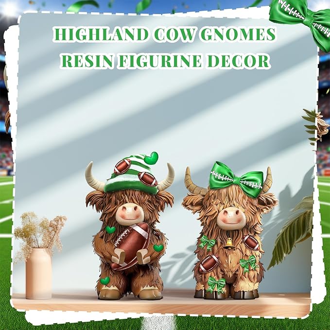 2 Pack Football Highland Cow Resin Figurine Decor Bathroom Highland Cow Gnomes with Football Scarf Resin Statue for Garden Table Shelf Home Decor Calf Gnome Herd Gifts