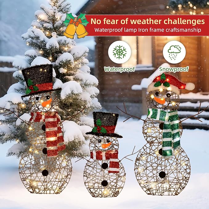3-Piece Lighted Snowman Family Set - Large 2D Outdoor Christmas Yard Decoration with 80 Warm White LED Lights, Holiday Display for Lawn & Garden - Rattan