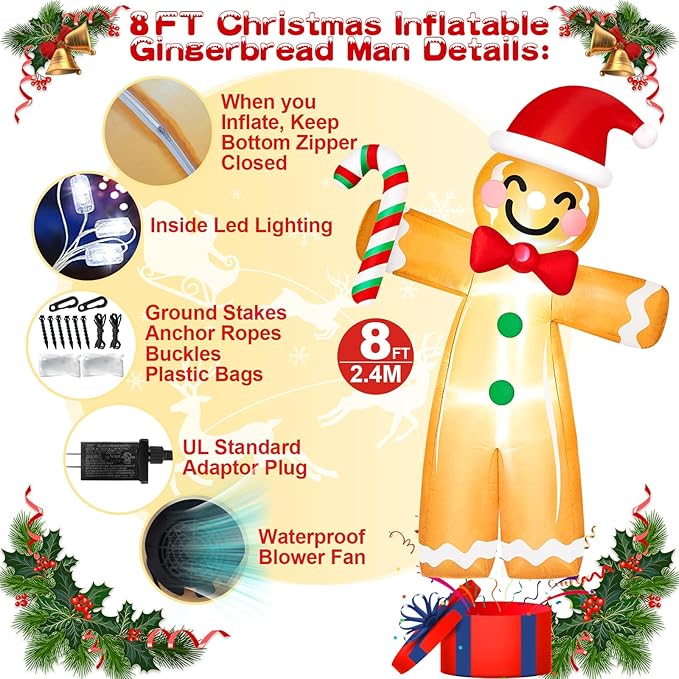 8FT Tall Giant Gingerbread Inflatable Christmas Decorations Outdoor Candy Cane, Built-in LED Lights Funny Ginger Bread Blow Up Outside Decoration for Xmas Holiday Indoor Party Yard Lawn Garden Decor