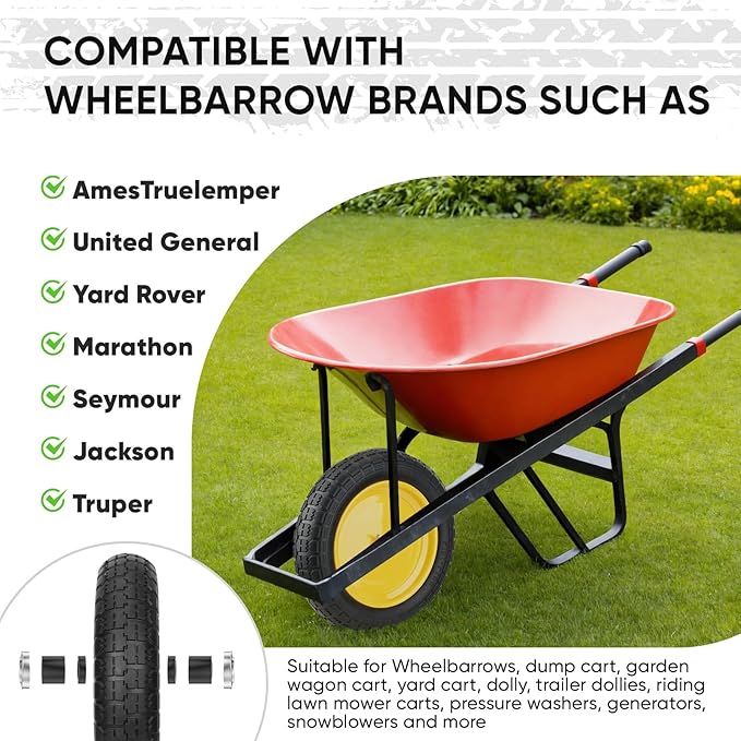 TICONN 4.80/4.00-8 Tire, 16" Flat Free Wheelbarrow Tire and Wheel, Solid Replacement Tires, 5/8" 3/4" Bearings, Universal Fit 4.80/4.00-8, 3.50/3.00-8, 4.00-6 (16" Yellow, 2PK)