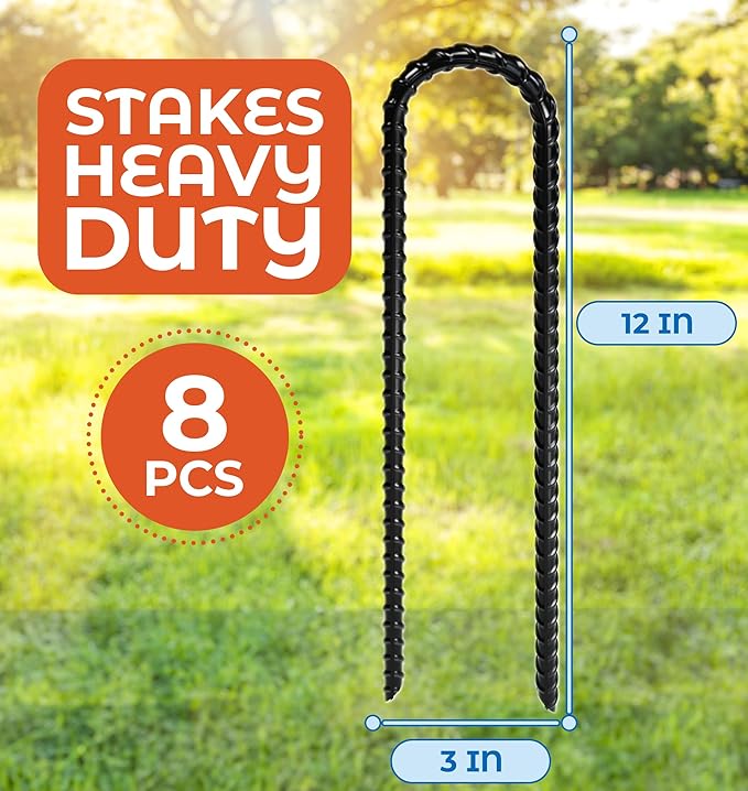 Happin® 12 Inch Heavy Duty Ground Anchors, Garden Stakes U Hook, Tent Stakes Heavy Duty, Chain Link Fence Anchors, Ground Anchors Screw in, Yard Stakes, Galvanized Steel, (8 Pack, Black)