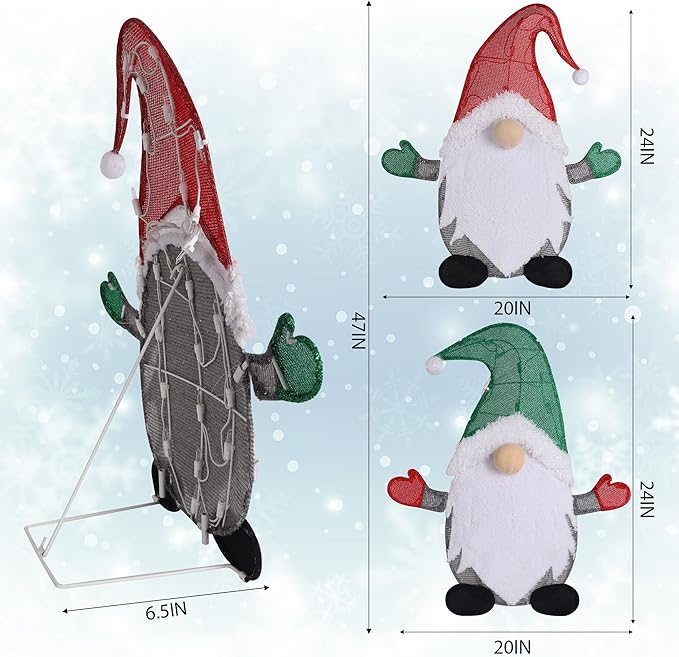 WATERGLIDE Set of 2 Lighted Christmas Tinsel Gnomes Decorations, 24 Inch Pre-Lit Light Up 2D Stacked Gnome with Incandescent Lights, Indoor Outdoor Festive Xmas Holiday Garden Yard Lawn Decor