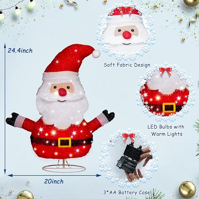Lighted Santa Claus Christmas Decorations, Collapsible Battery Operated Santa Claus with Build in 20 LED Lights for Xmas Holiday Indoor Outdoor Lawn Yard Garden Decor