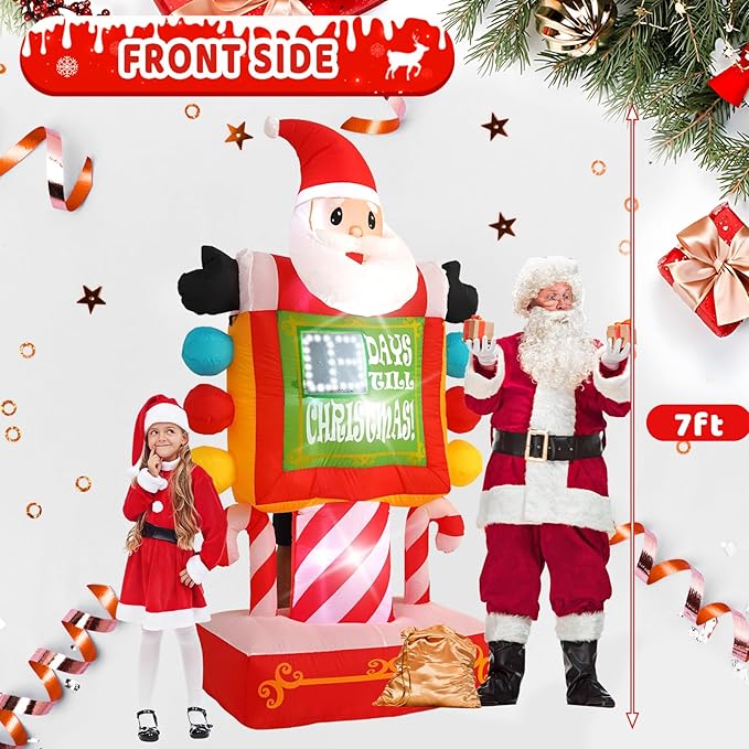 7FT Santa Claus Countdown Sign with Built-in LED Lights, Suitable for Christmas Lawns, Gardens, and Courtyards Outdoor Inflatable Decorations