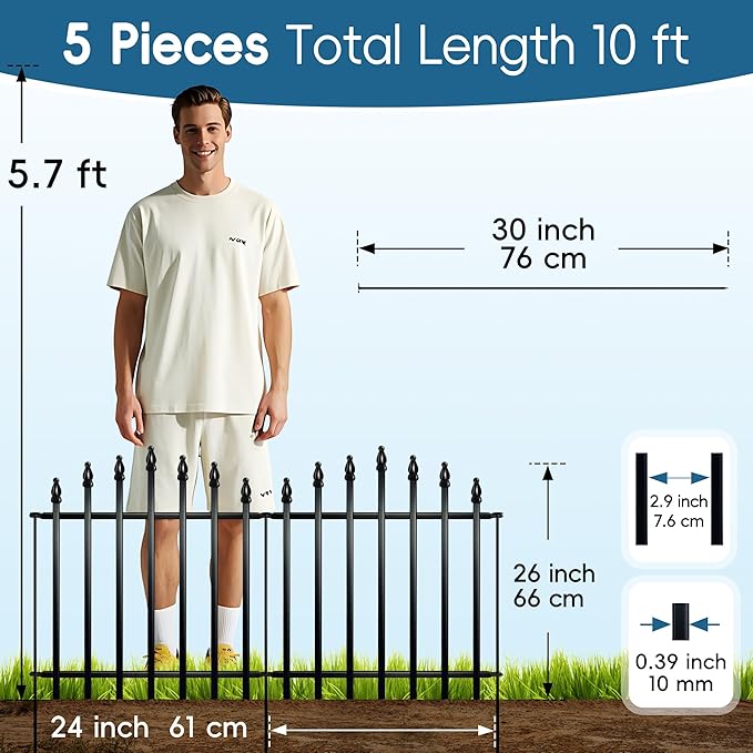 Metal Garden Fence 26" H x 24" W (5 Panels, 10 Ft Total) Rustproof Animal Barrier No Dig Decorative Fencing for Dogs,Pet, Yard,& Patio, Easy Installation