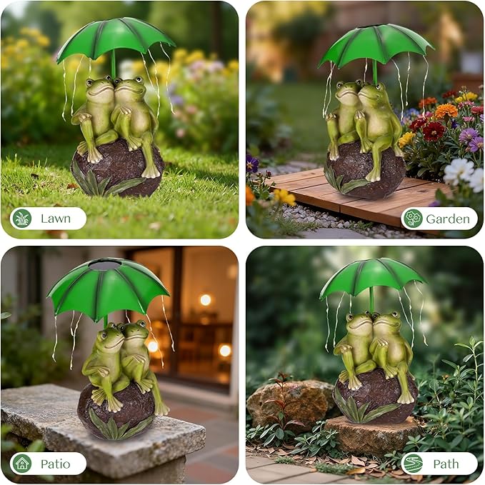 Solar Garden Statues Decor Frog Couple with LED Lights and Umbrella, Outdoor Garden Statues, Frog Statue for Patio, Balcony, Housewarming, Yard Ornaments Gifts for Women