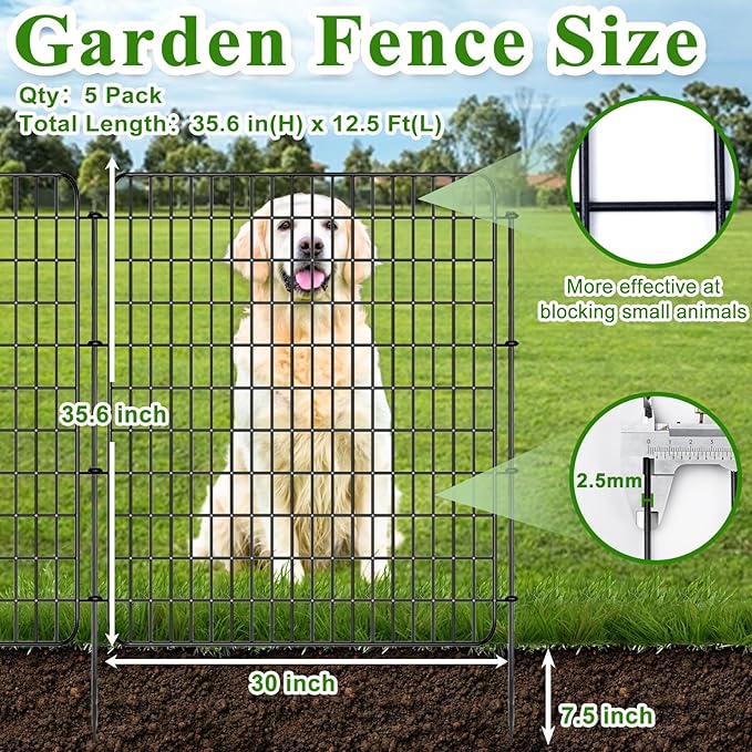 Garden Fencing Animal Barrier 5 Pannels, 36 in(H) X 12.5 ft(L) No Dig Dog Tall Fence Outdoor for Yard Rustproof Garden Metal Wire Border Patio Rabbit Ground Stakes