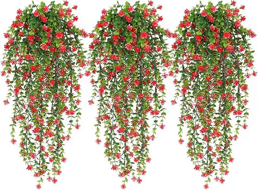 RECUTMS Artificial Hanging Plants Fake Hanging Vine Flowers Fake Plants Faux Hanging Plants Outdoor Faux Eucalyptus Leaf Greenery Wall Indoor Room Wall Wedding Patio Porch Decor(Red)