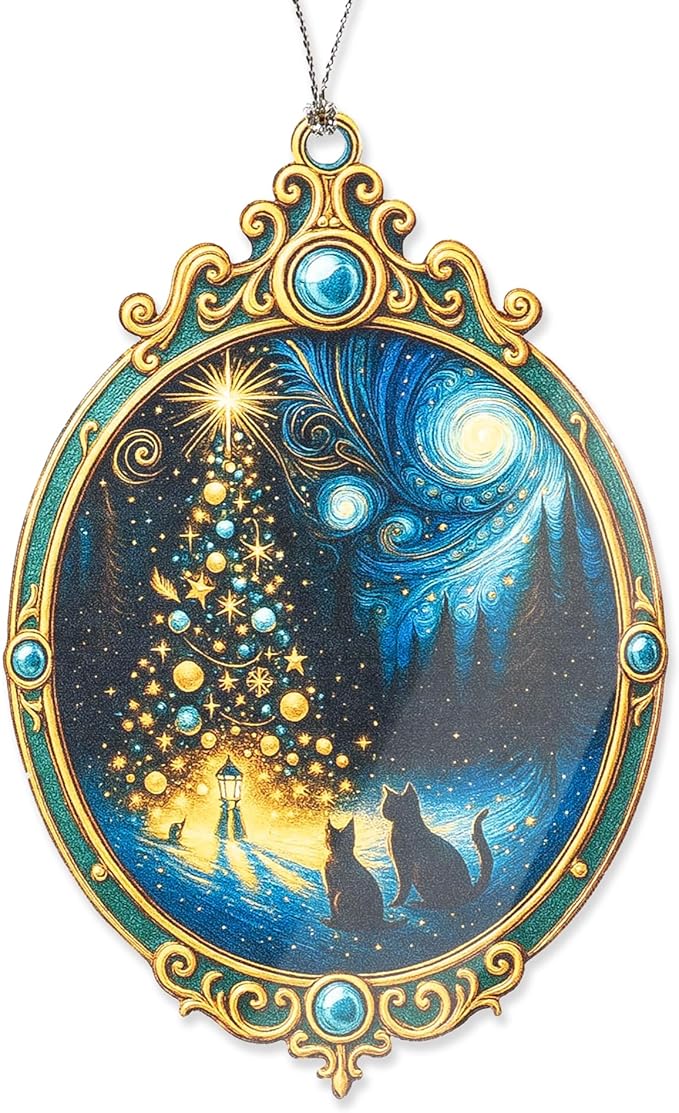 Cat Christmas Ornament – Black Cat Gifts – Starry Night Decor – Holiday Pet Lovers Ornament – Christmas Tree Ornament – Suncatcher Effect Stained Glass Window Hanging – Car Hanging