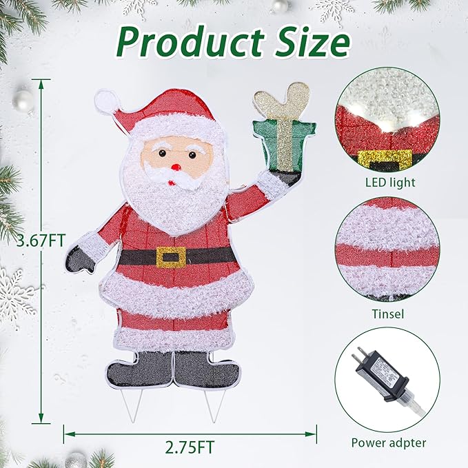 Christmas Santa Lighted Decoration Christmas Lighted Santa Clause with Gift Box Pre-Lit 102 LED Lights Decoration for Xmas Home Pathway Lawn Party Display