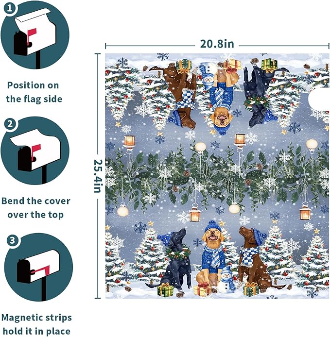 Winter Dog Magnetic Mailbox Cover, 25.5x21 Inch Christmas Puppy Tree Snowman Decorative Waterproof Mailbox Wrap Letter Post Cover Large Size for Garden Yard Outdoor Season Outside