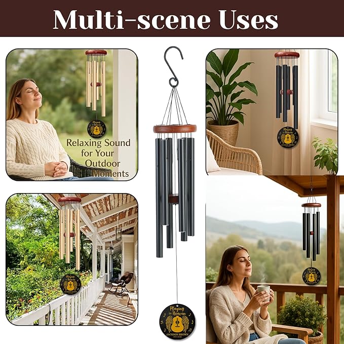 Personalized Guitar Memorial Wind Chime – “Playing in Heaven” Custom Name & Years – Music Lover Sympathy Gift – Remembrance Windchime with Angel Wings & Notes – Tribute for Musicians or Singers