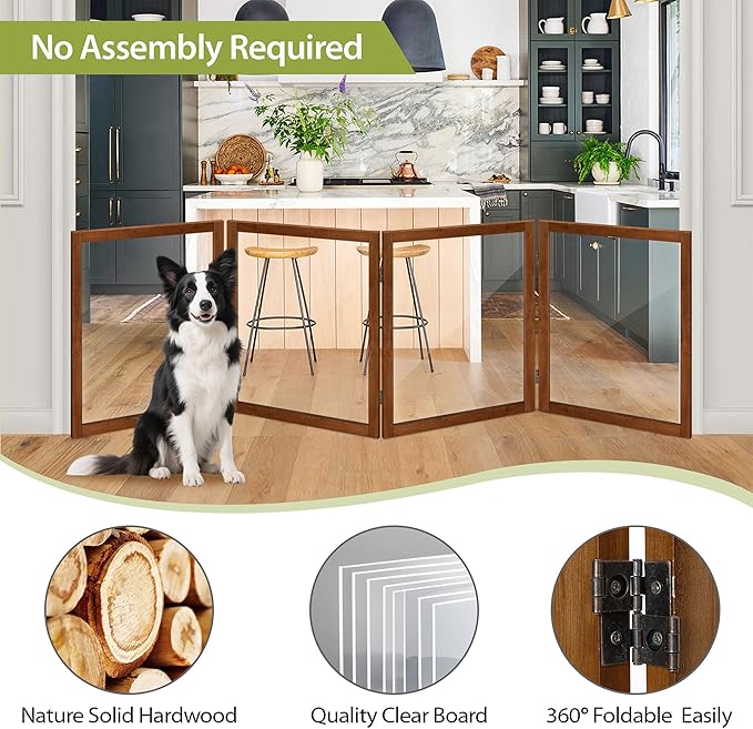 LZRS Extra-Wide Clear Dog Gate for Indoor Use - Transparent Pet Fence with Solid Hardwood and Plastic Board, Stylish & Durable freestanding Pet Gate for Doorways, Stairs and Hallways-4 Panel Cherry