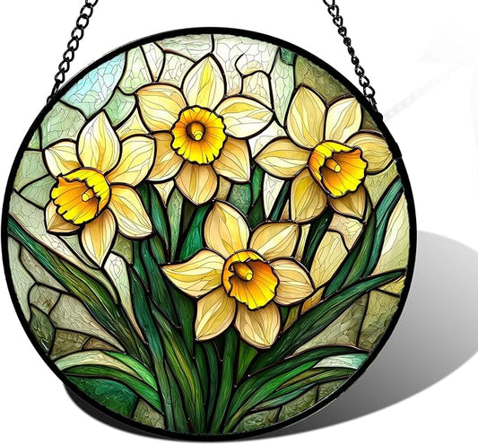 Stained Glass Window Hanging, Daffodil Plant Flowers Sun Catchers Diamond Glass Panel Hangings Suncatcher Decor for Birthday for Women, Men, Wife, Aunt, and Mom 7.8 in