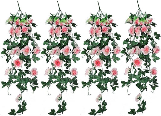 RECUTMS 4PCS Artificial Rose Hanging Flower 32 in Fake Garland for Home Room Garden Wedding Indoor Outdoor Decoration (Champagne)