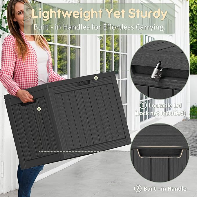 NUNU LAB Outdoor Storage Box, 45 Gallon Outside Deck Box Waterproof, Resin Outdoor Storage Cabinet With Lockable Lid, Backyard Storage Bench For Garden Tools, Patio Cushions, Pool Tools, Black