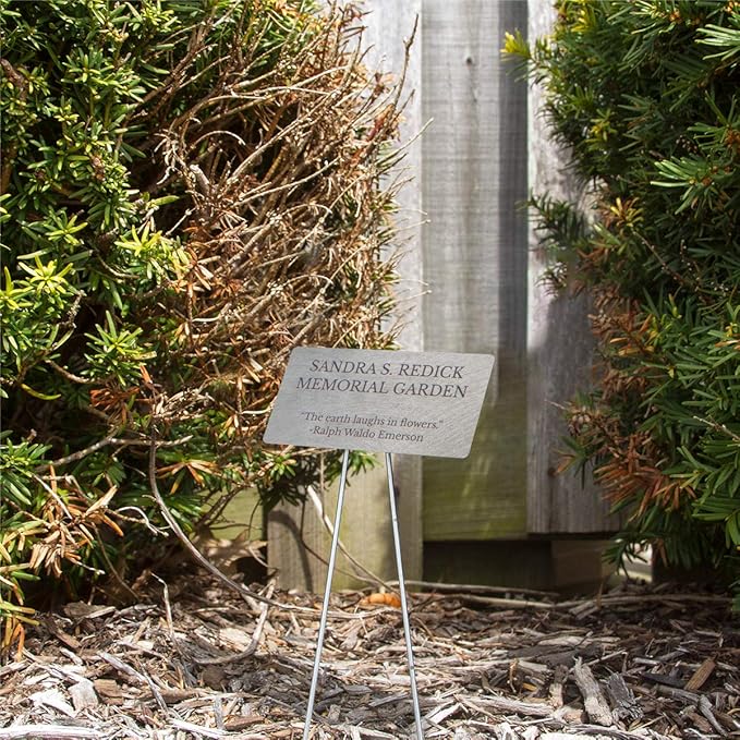 Outdoor Metal Garden Sign, Label, or Memorial. 4 x 2" or 6 x 4" sign with rounded corners and a 10" stake. Materials Include: Stainless Steel, Brass, Copper, Bronze and Titanium. (Titanium, 4 x 2")