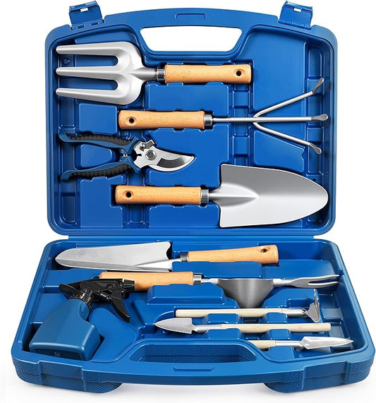 12-Piece Gardening Tool Set for Men, Rust-Proof & Heavy-Duty Hand Garden Tools with Sturdy Blue Carrying Case, Practical & Stylish Gardening Gifts for Men (Blue)