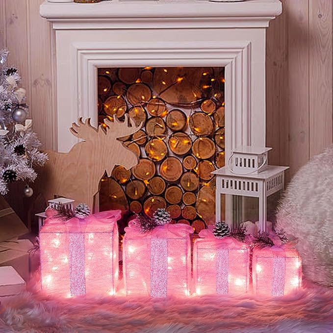 Set of 4 Pink Christmas Lighted Gift Boxes, Pre-lit Light up Present Set with Different Sizes for Holiday Indoor Outdoor Decorations - Battery Operated (Pink)