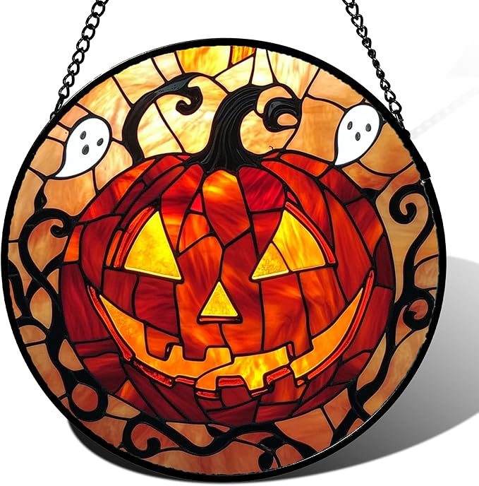 Stained Glass Window Hanging - Halloween Decorations Evil Pumpkin Orange Suncatcher for Doors Garden Indoor Funny Spooky Sun Catchers Gothic Decor Horror Gifts for Women Men Friend 6.3 in